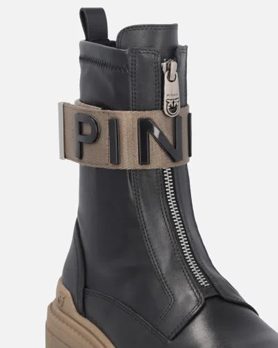 Pinko Leather Combat Boots With Branded Front Stretch Ribbon In Black