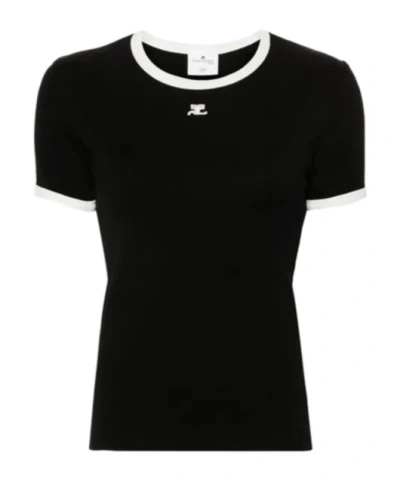 Courrèges Courreges Women Cotton T Shirt With Contrasting Profiles In Black