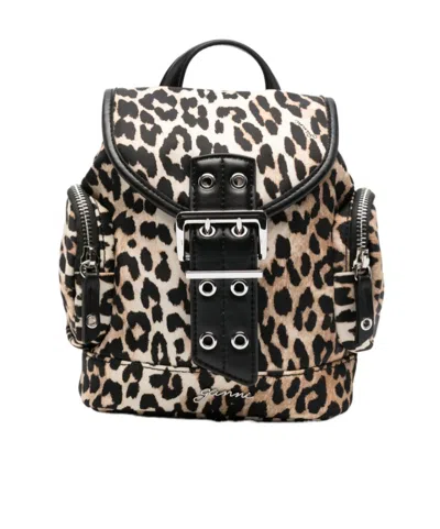 Ganni Mini Leopard Print Drawstring Backpack With Side Zip Pockets In Animal Print