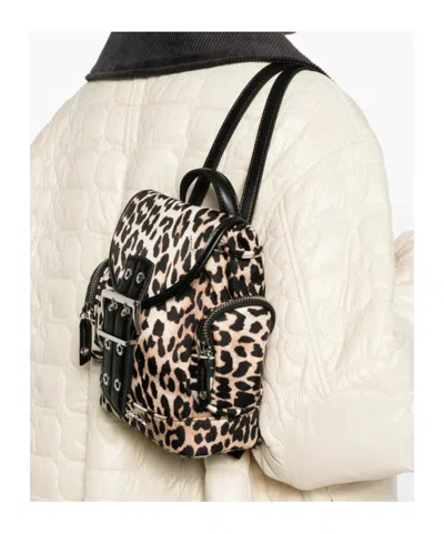 Ganni Mini Leopard Print Drawstring Backpack With Side Zip Pockets In Animal Print