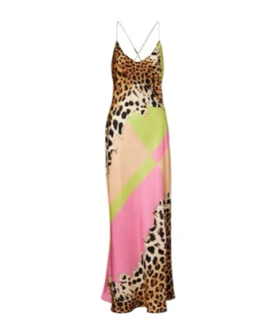 Roberto Cavalli Colorblock Jaguar-print Silk Maxi Slip Dress In Multi