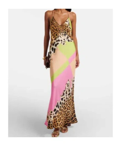 Roberto Cavalli Colorblock Jaguar-print Silk Maxi Slip Dress In Multi