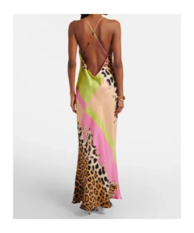 Roberto Cavalli Colorblock Jaguar-print Silk Maxi Slip Dress In Multi