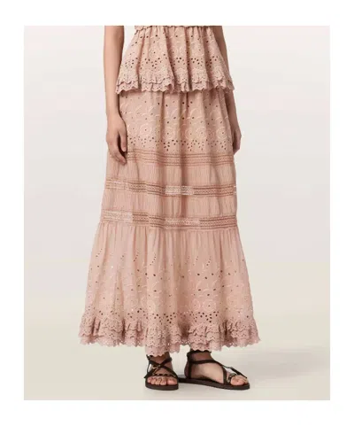 Allsaints Womens Plaster Pink Camille Embroidered Woven Maxi Skirt In Brown