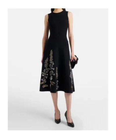 Oscar De La Renta Embroidered Foxglove Sleeveless Midi Dress In Black