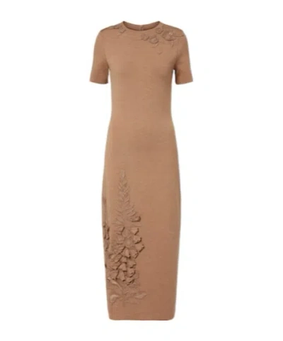 Oscar De La Renta Foxglove Embroidered Short-sleeve Knit Maxi Dress In Brown