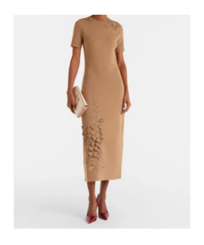 Oscar De La Renta Foxglove Embroidered Short-sleeve Knit Maxi Dress In Brown