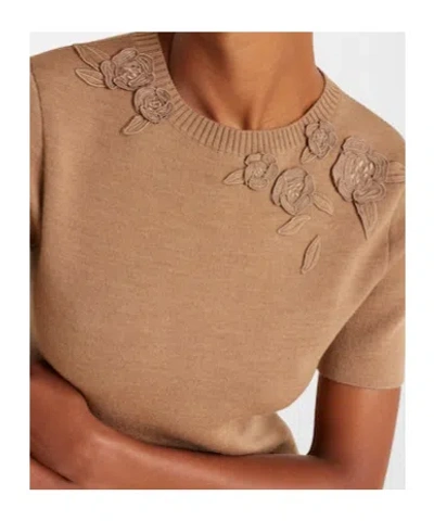 Oscar De La Renta Foxglove Embroidered Short-sleeve Knit Maxi Dress In Brown