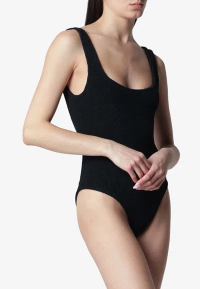 Hunza G High-cut Leg Square Neckline Textured Fabric In Black
