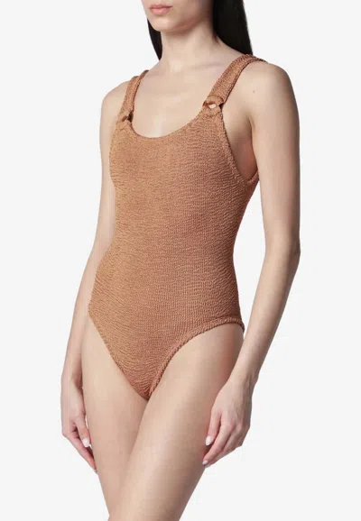 Hunza G Domino Metallic Cocoa One-piece Swimsuit In Brown