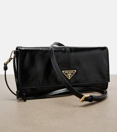 Prada Logo Leather Pouch With Strap In Black
