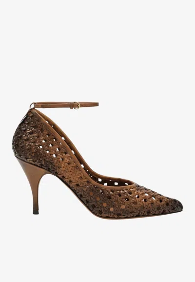 Miu Miu 80 Woven Leather Pointed Pumps In Brown