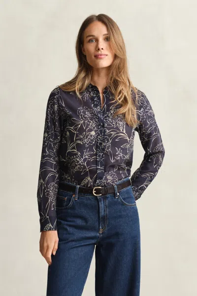 Gant Regular Fit Floral Print Cotton Silk Shirt In Blue