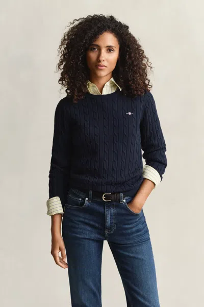 Gant Cable Knit Crew Neck Sweater In Blue