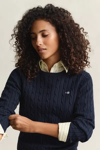 Gant Cable Knit Crew Neck Sweater In Blue