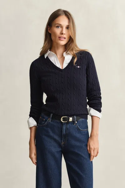 Gant Cable-knit V-neck Sweater In Blue