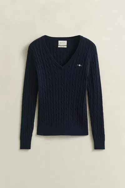 Gant Cable-knit V-neck Sweater In Blue