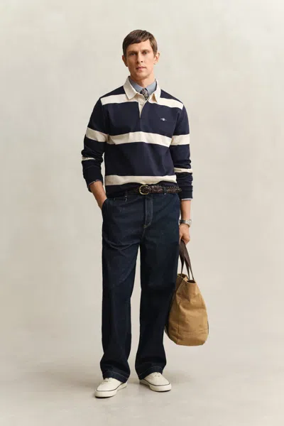 Gant Striped Rugger Polo T Shirt Navy In Blue