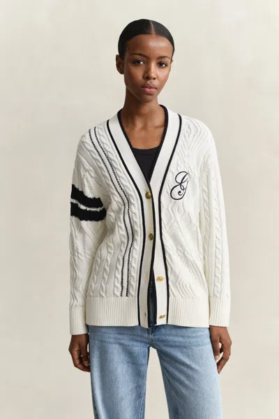 Gant Cable-knit Embroidered Cardigan In White