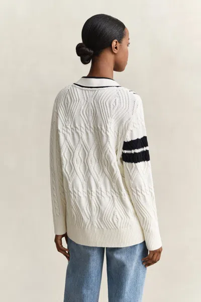Gant Cable-knit Embroidered Cardigan In White