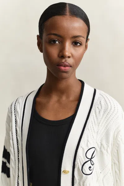 Gant Cable-knit Embroidered Cardigan In White