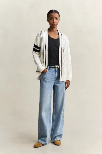 Gant Cable-knit Embroidered Cardigan In White