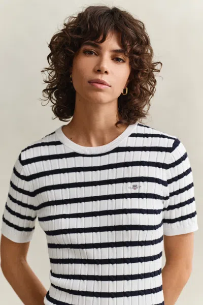 Gant Striped Cable Knit Short Sleeve Sweater In Multi