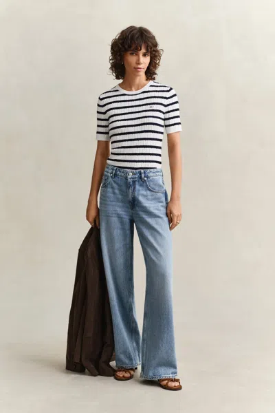Gant Striped Cable Knit Short Sleeve Sweater In Multi