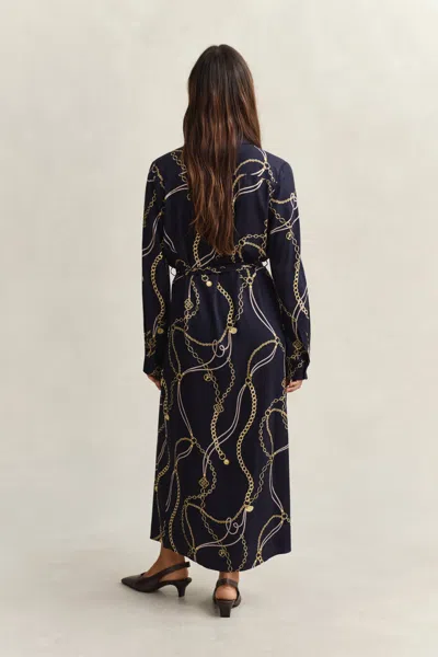 Gant Chain-print Belted Shirt Midi Dress In Blue