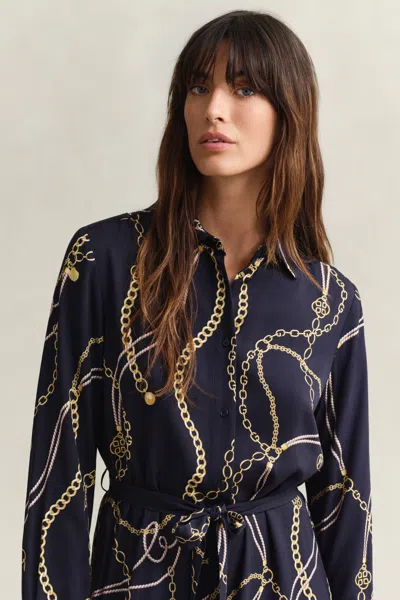 Gant Chain-print Belted Shirt Midi Dress In Blue