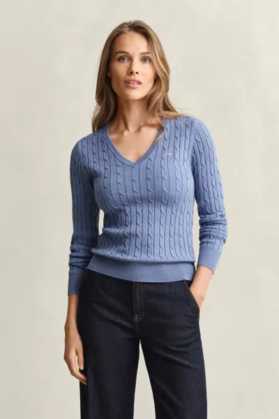 Gant Cable Knit V-neck Sweater In Blue