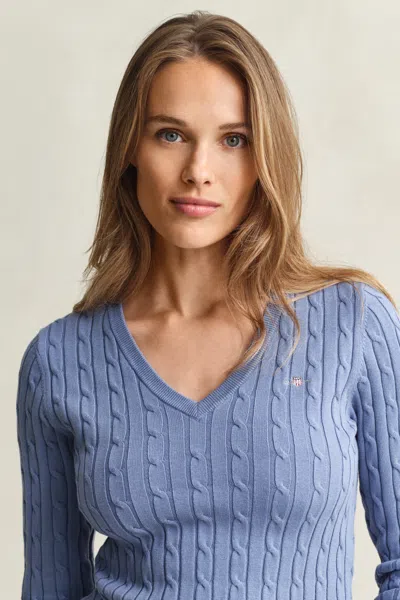 Gant Cable Knit V-neck Sweater In Blue