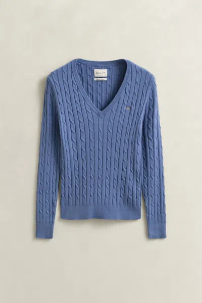 Gant Cable Knit V-neck Sweater In Blue