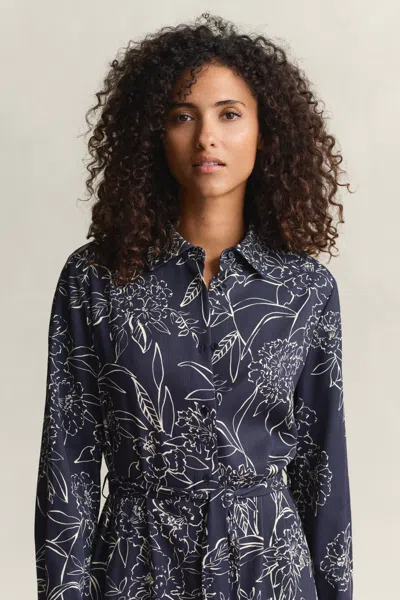 Gant Floral-print Belted Midi Dress In Blue