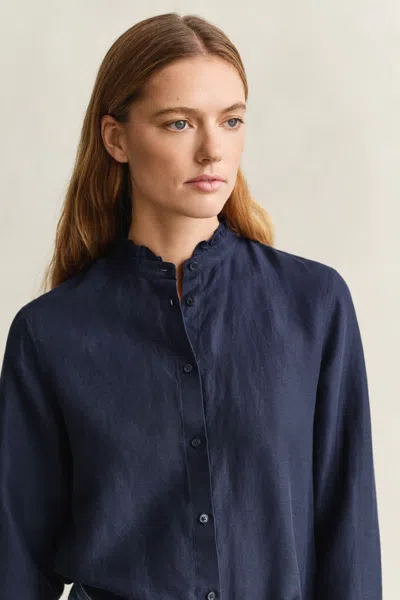 Gant Frilly Linen Blend Blouse In Blue