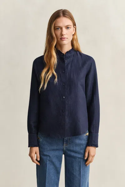 Gant Frilly Linen Blend Blouse In Blue