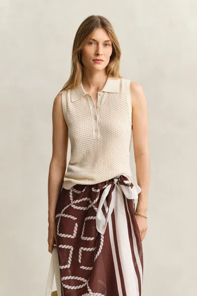 Gant Pointelle-knit Sleeveless Polo Shirt In Neutral