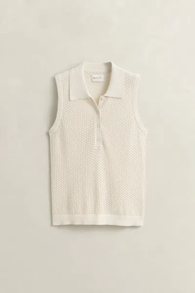 Gant Pointelle-knit Sleeveless Polo Shirt In Neutral