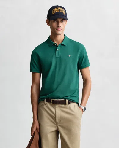 Gant Mens Regular Fit Short Sleeve Shield Logo Pique Polo In Green
