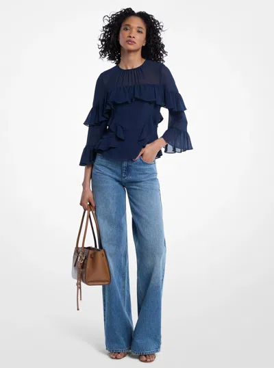 Michael Kors Ruffled Georgette Blouse In Blue