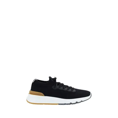 Brunello Cucinelli Cotton Knit And Semi-polished Calfskin Runner Sneakers In Black
