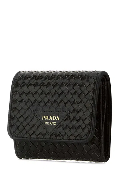 Prada Woven-design Foldover Wallet In Black