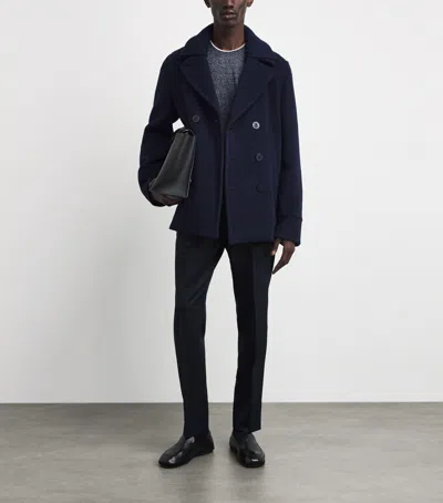 Paul & Shark Double-breasted Wool Peacoat With Structured Silhouette In Blue