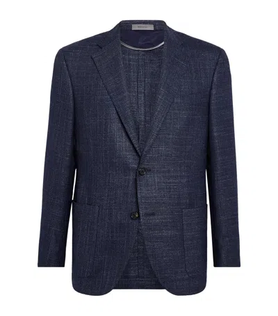 Corneliani Virgin Wool-silk Herringbone Blazer In Blue
