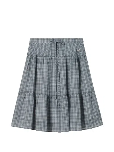 Mini Cream Check-pattern Tiered Skirt In Blue
