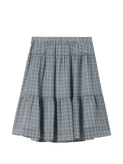 Mini Cream Check-pattern Tiered Skirt In Blue