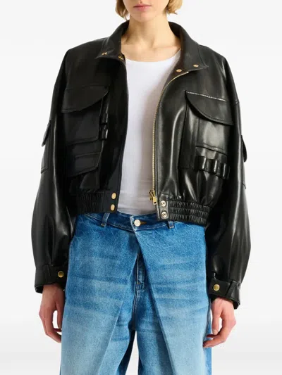 Balmain Multi-pocket Leather Bomber Jacket In Black
