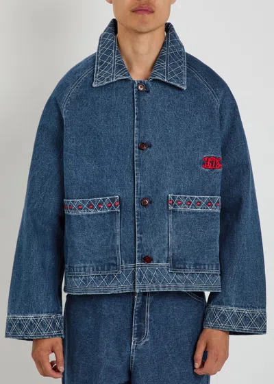 Bode Embroidered Merino Wool-blend Denim Jacket In Blue