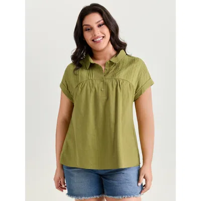 Bloomchic Collared Plain Pleated Half-placket Blouse In Green