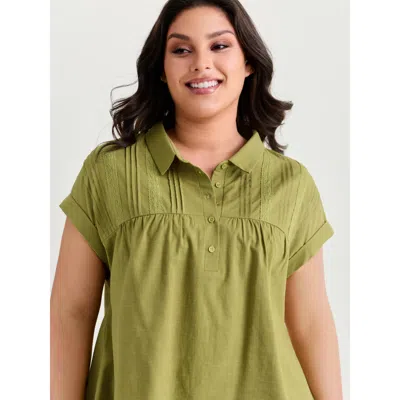 Bloomchic Collared Plain Pleated Half-placket Blouse In Green